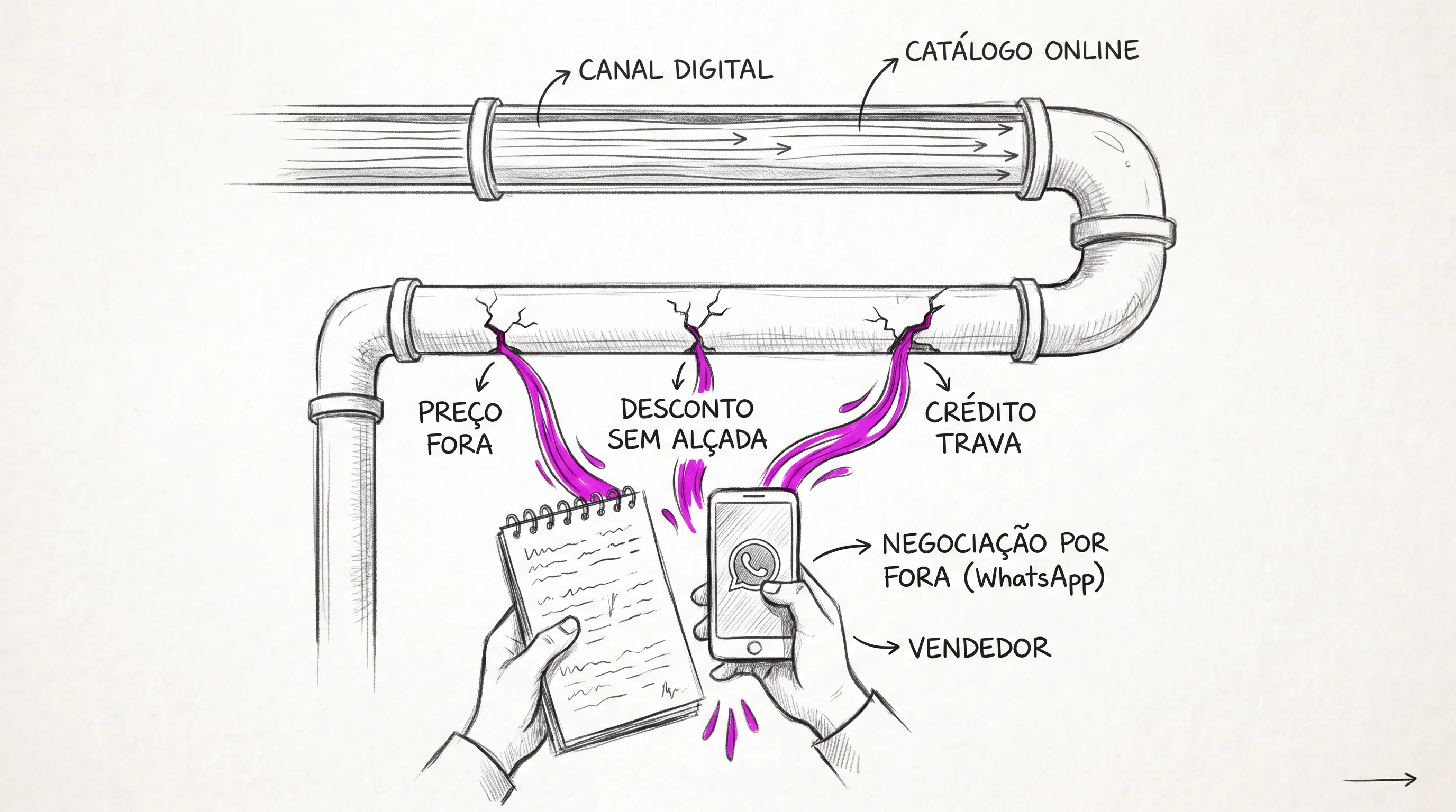 Portal de vendas B2B com preço, desconto e crédito escapando do controle nas bordas do fluxo