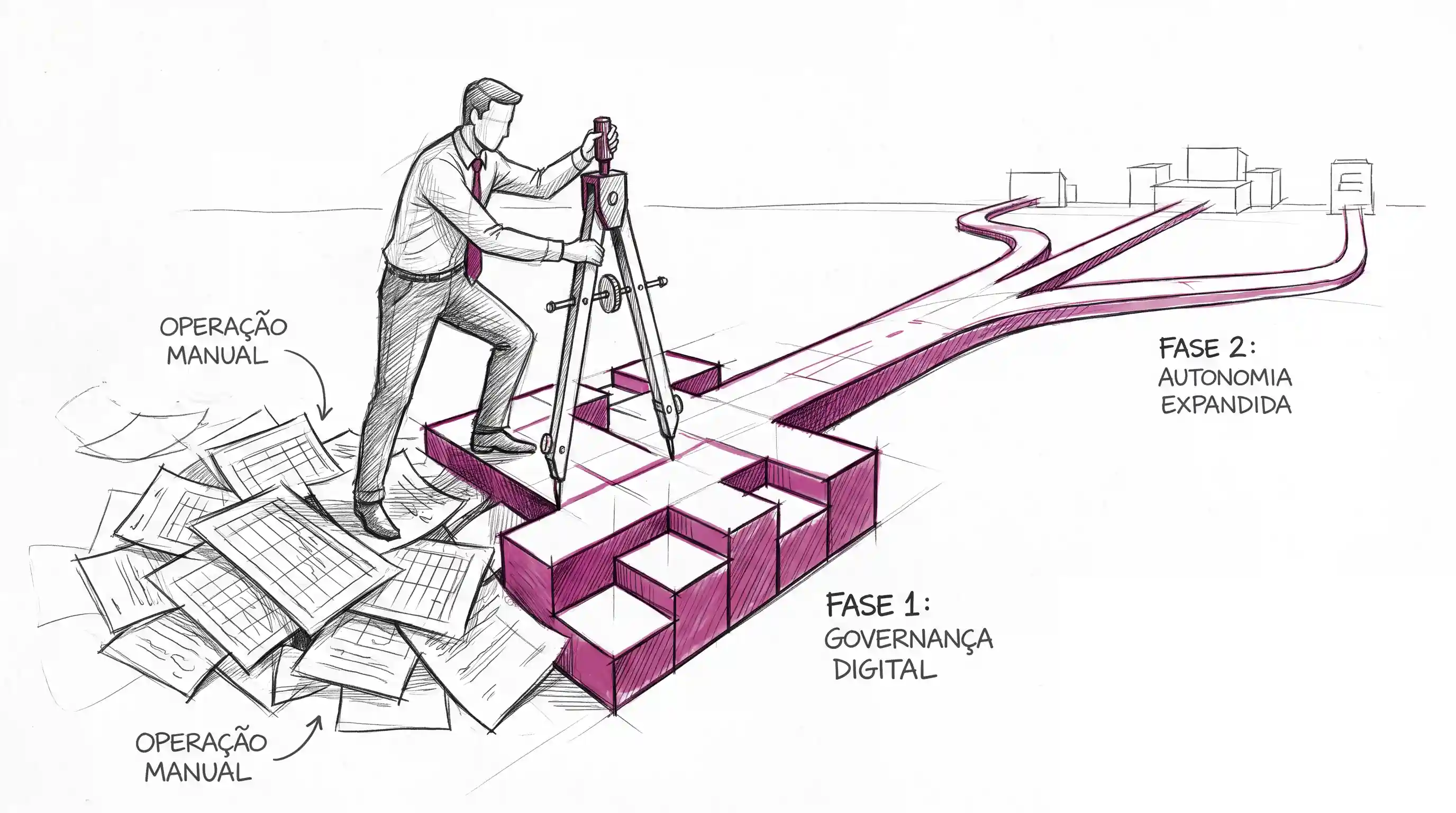 Vendedor conduzindo a digitalização B2B em duas fases, da operação comercial à autonomia governada