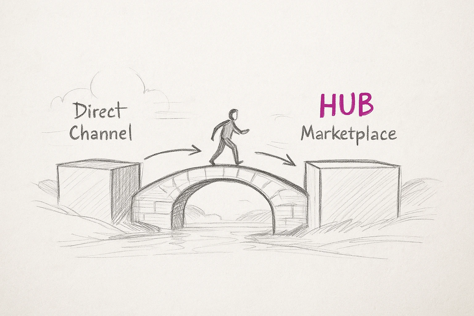 Diagrama mostrando marketplace como ponto de entrada de demanda e canal próprio como onde a margem é construída, conectados por setas de jornada do comprador B2B