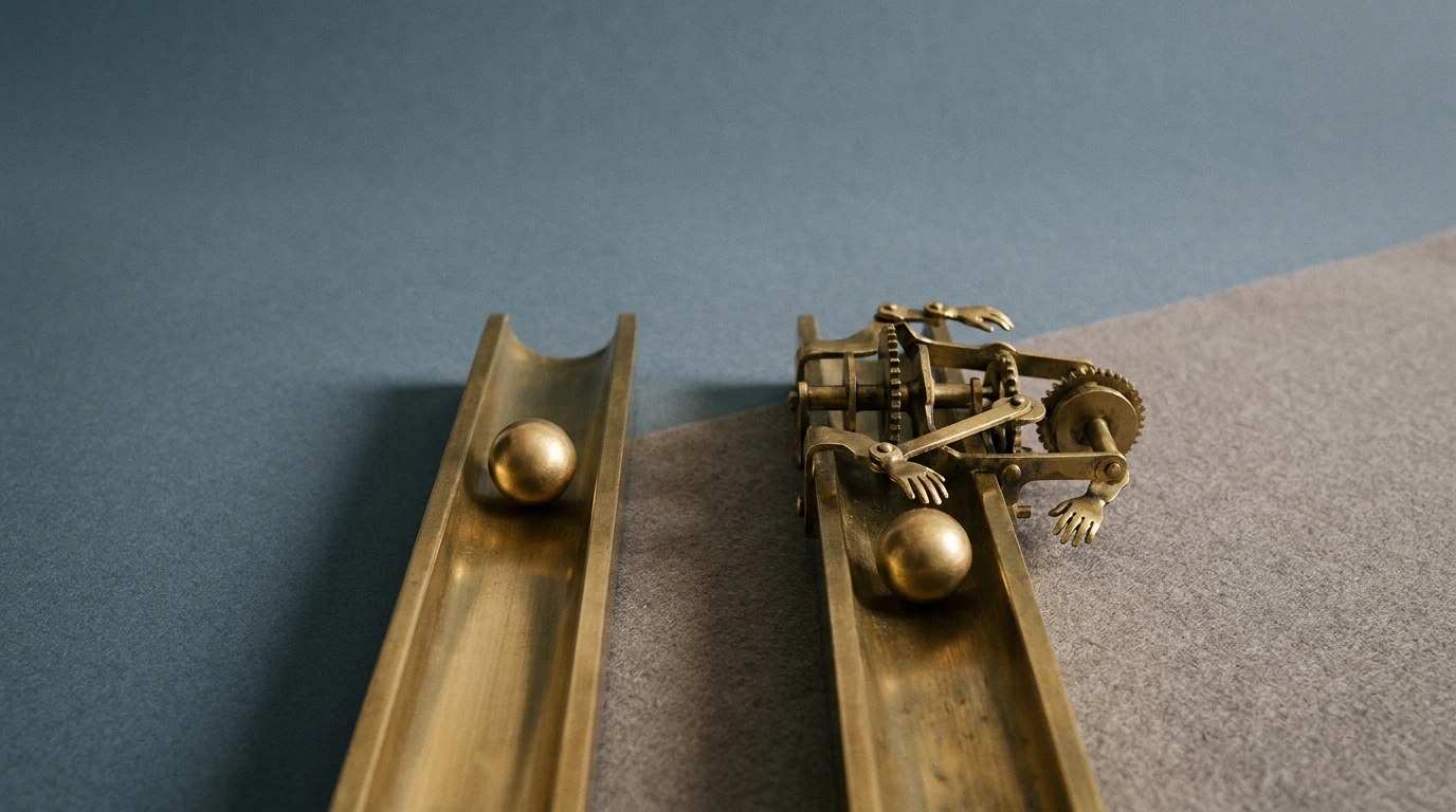 Two parallel brass tracks: one smooth with a sphere rolling, the other an elaborate mechanism.