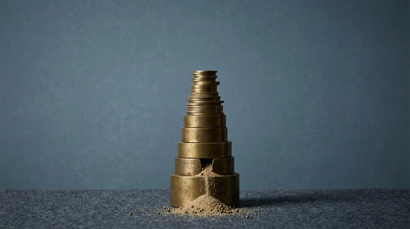 Uma pilha ascendente de moedas de latão com um fino fio de areia vazando pela base.