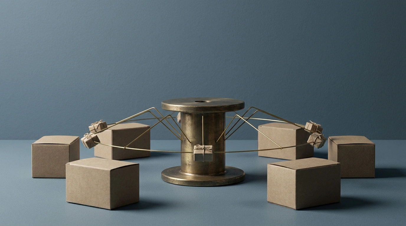A central brass hub connected by thin lines to several smaller stations, distributing parcels out to them.