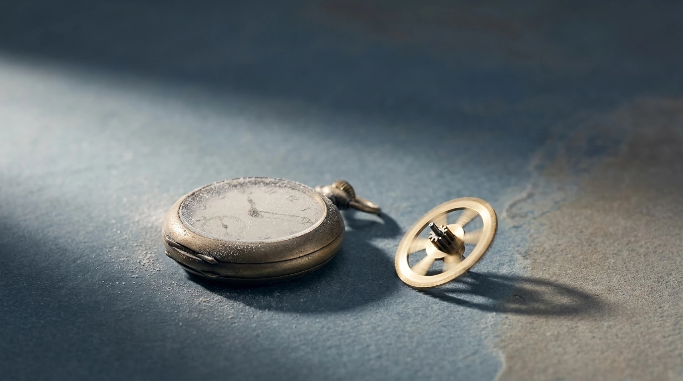 A frozen, dusty brass pocket watch beside a small turning gear.