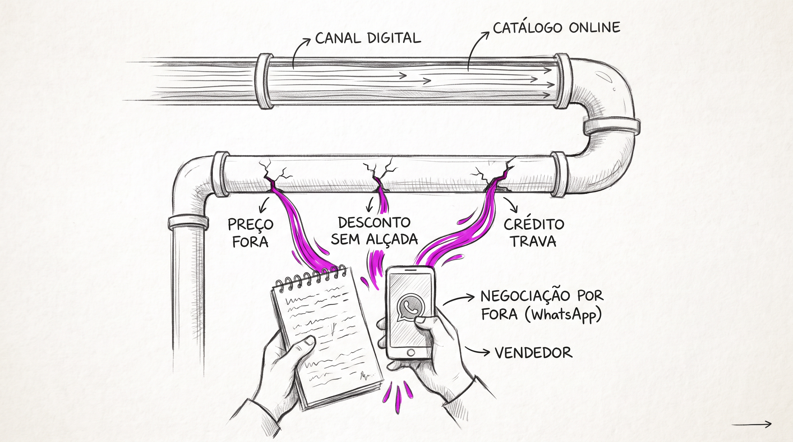 Portal de vendas B2B com preço, desconto e crédito escapando do controle nas bordas do fluxo