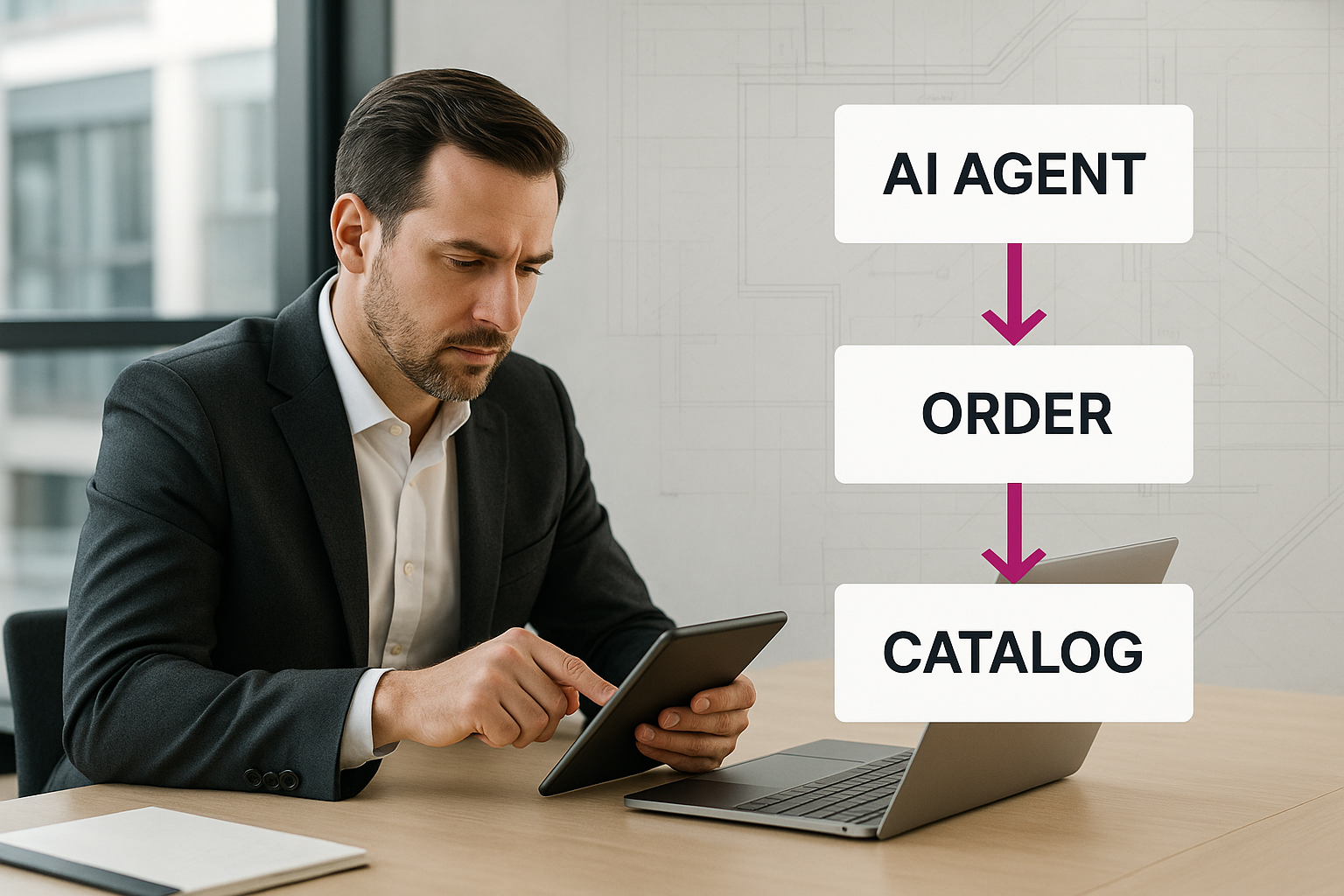 Tela de portal B2B exibindo confirmação de pedido com alerta de preço incorreto, simbolizando falha de catálogo na automação por IA
