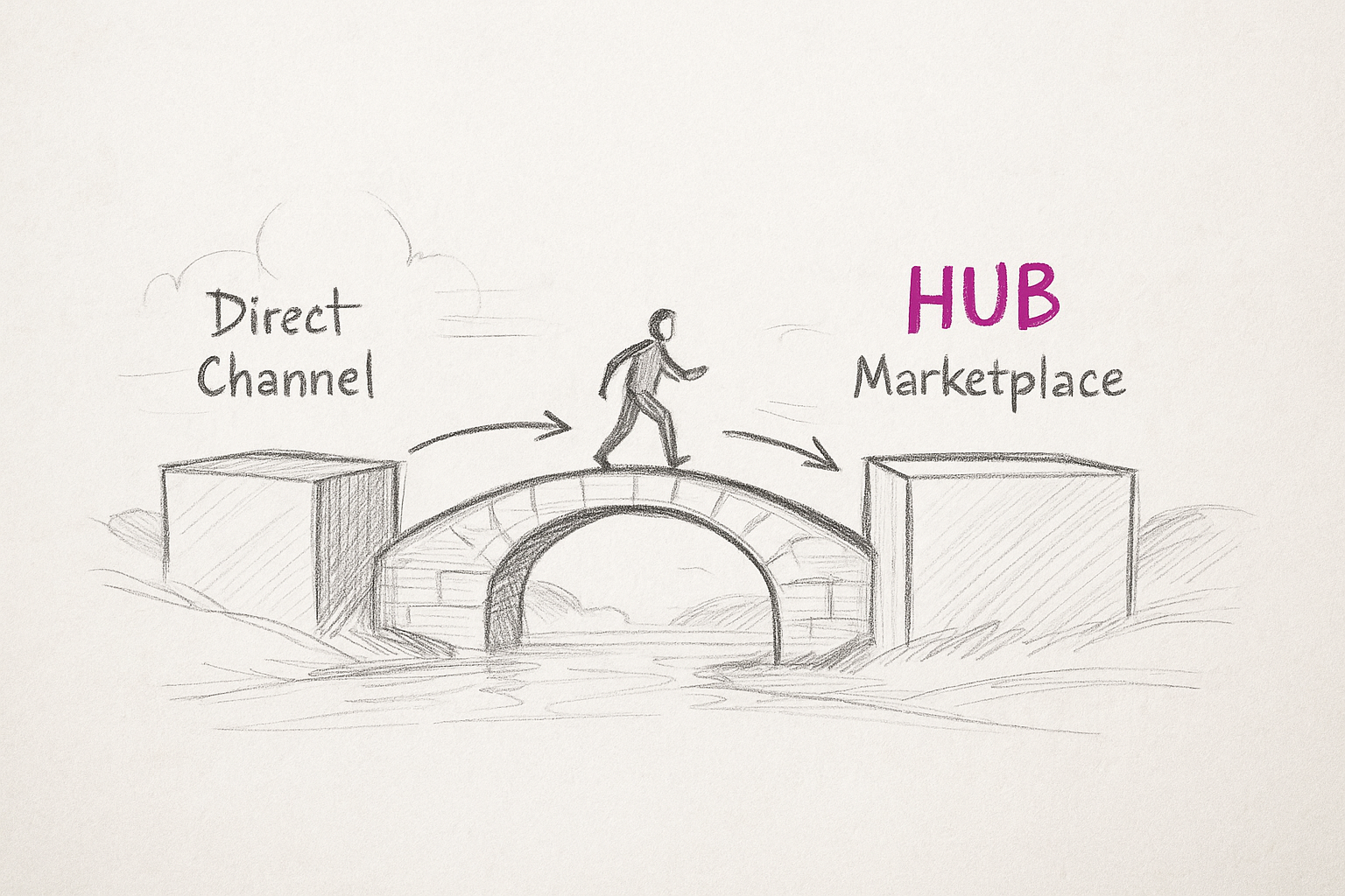 Diagrama mostrando marketplace como ponto de entrada de demanda e canal próprio como onde a margem é construída, conectados por setas de jornada do comprador B2B