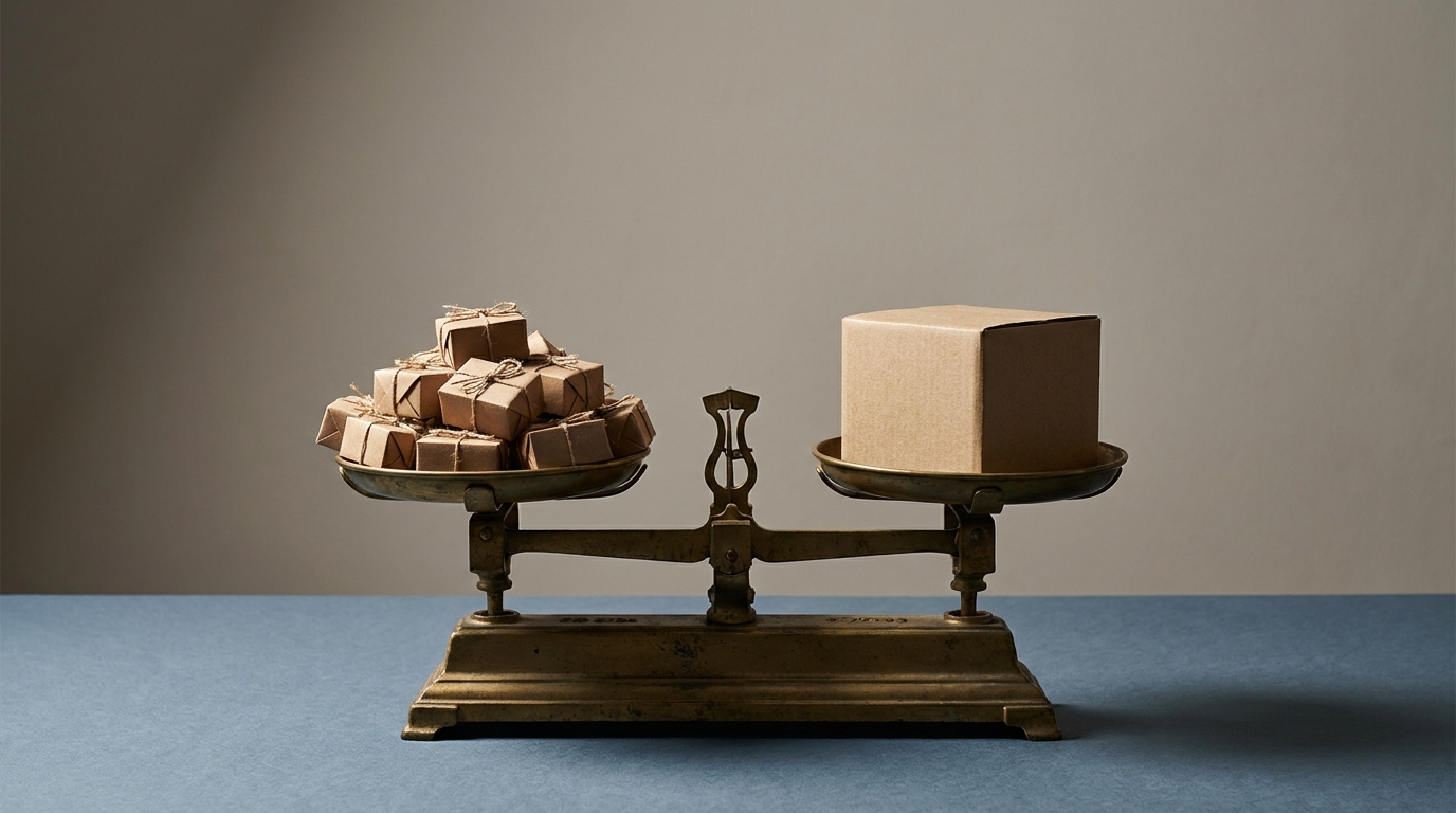 A level balance scale with many small parcels on one pan and a single large parcel on the other, weighing the same.