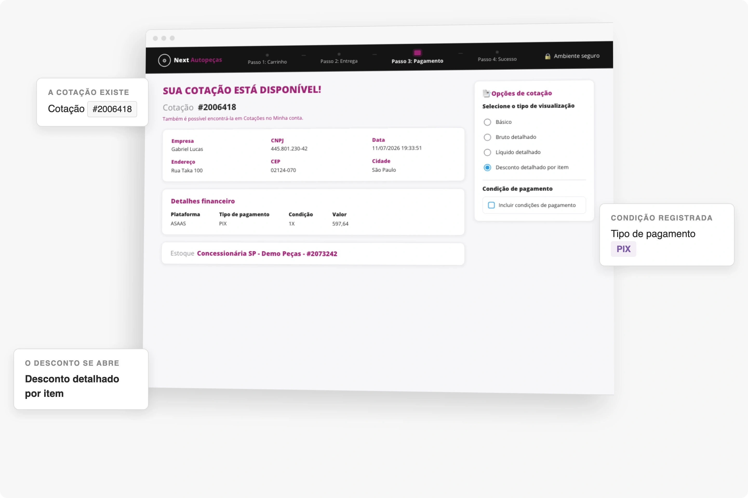 Cotação gerada na mesa de vendas da CWS Platform: número da cotação, empresa e CNPJ do cliente, detalhes financeiros com plataforma, tipo de pagamento e condição, estoque de origem, e as opções de visualização que abrem o desconto item a item.