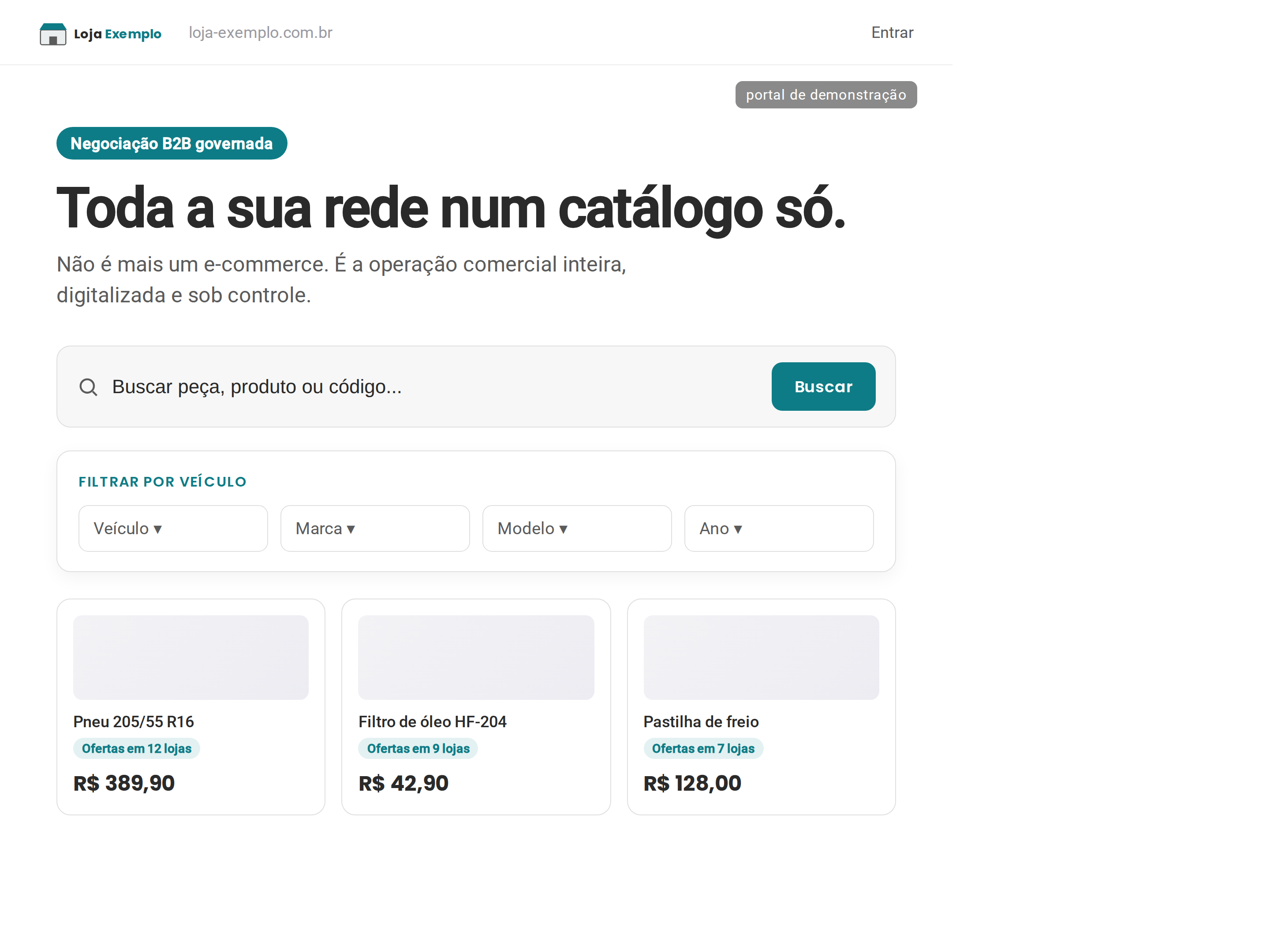 Hero de vitrine B2B com busca, filtro por veículo e seleção de loja
